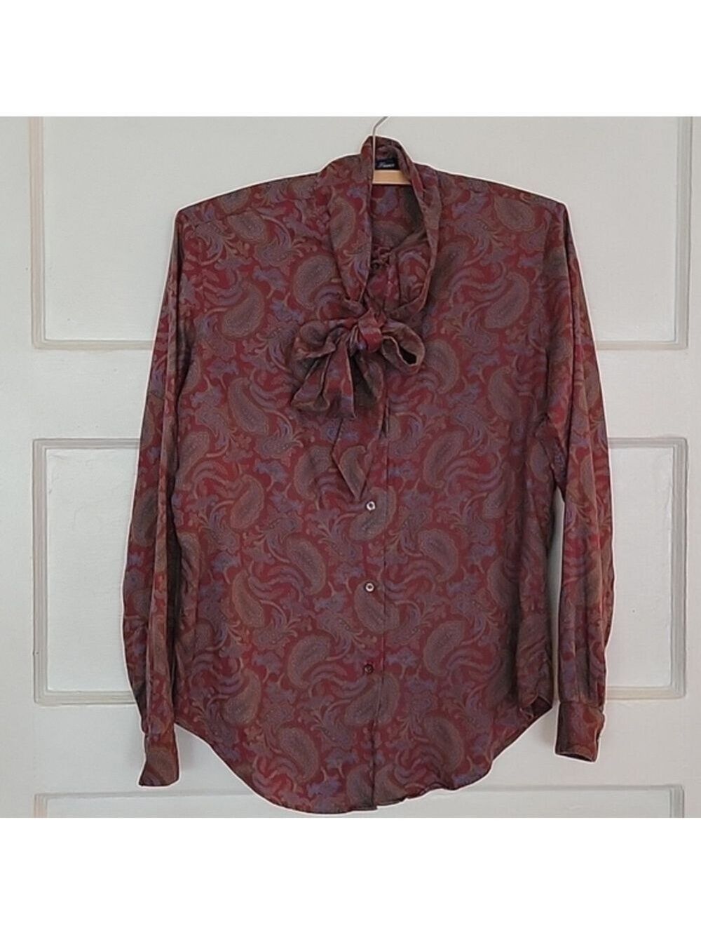 VINTAGE 70s Dark Academia Tie Neck Paisley Blouse Top USA Made of French Fabric